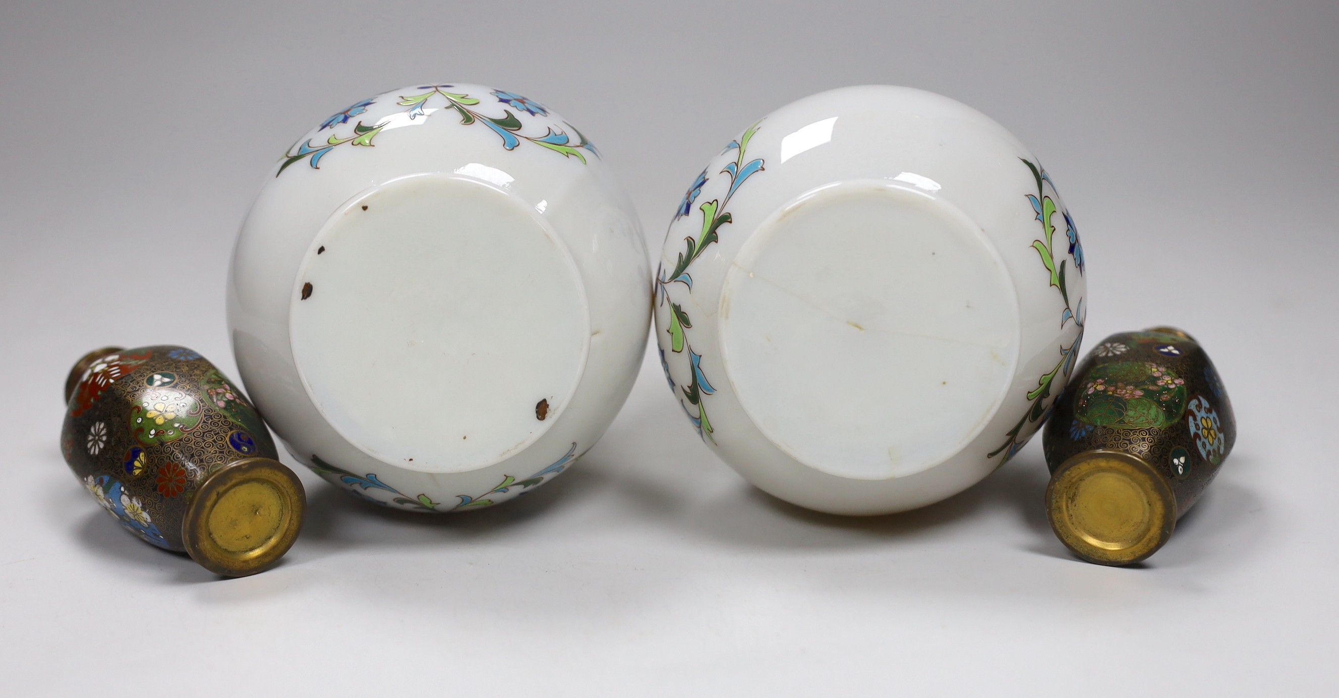 A small pair of Japanese cloisonne vases and a pair of French enamelled glass vases